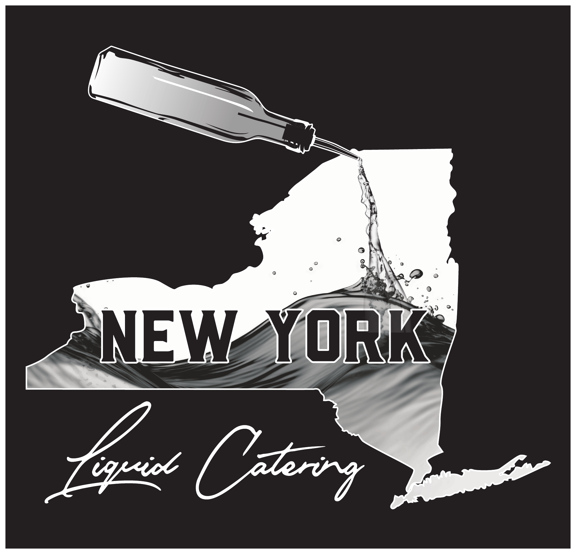 New York Liquid Catering full-back artwork featuring a bottle pouring liquid into the shape of New York